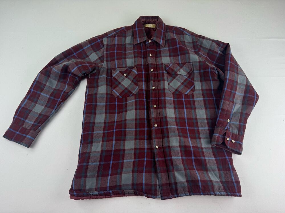 Vintage Hanson Plaid Flannel Shirt Mens Large Burgundy Blue Button Up
